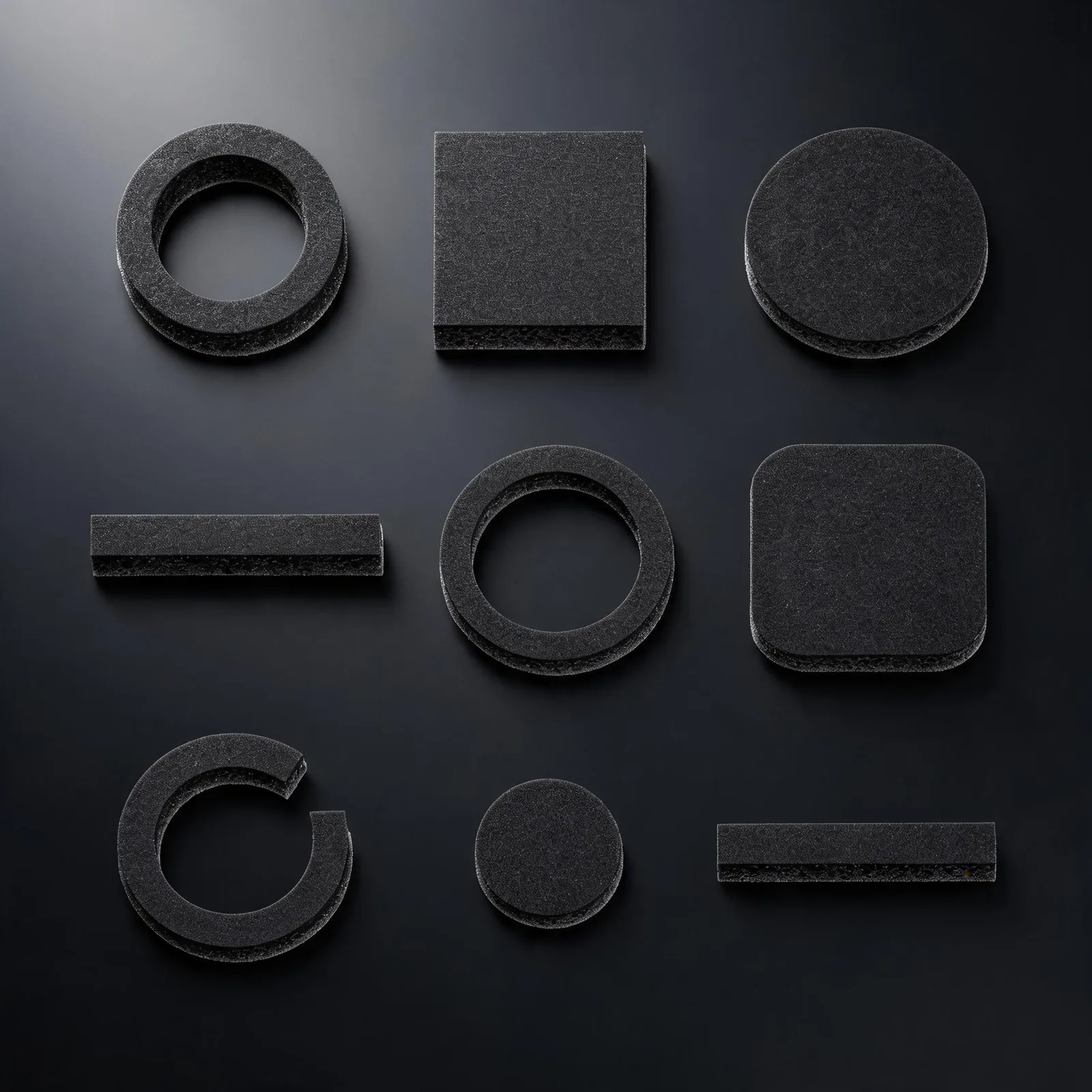 An array of die-cut finished parts: dark precision components such as gaskets and seals arranged against a dark background