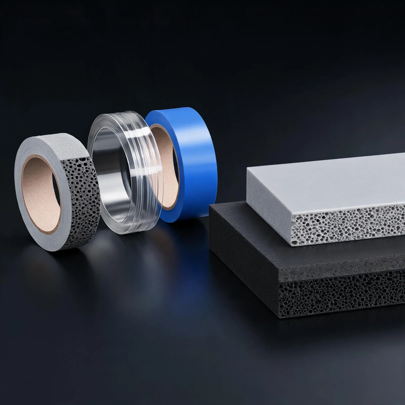A matrix assortment of industrial materials on a dark background: tape rolls, foam sheets and protective films